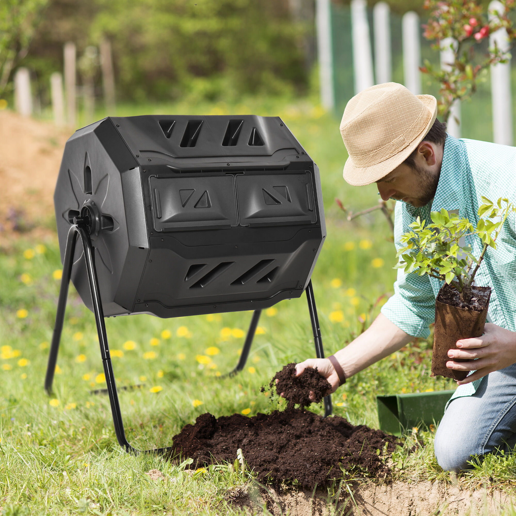 Altro Compostiera Da Giardino Girevole A 2 Sezioni Con 8 Prese D'aria, Compostiera Domestica In Acciaio E Pp, 160 L, Per Compostaggio Rifiuti Organici, 71x