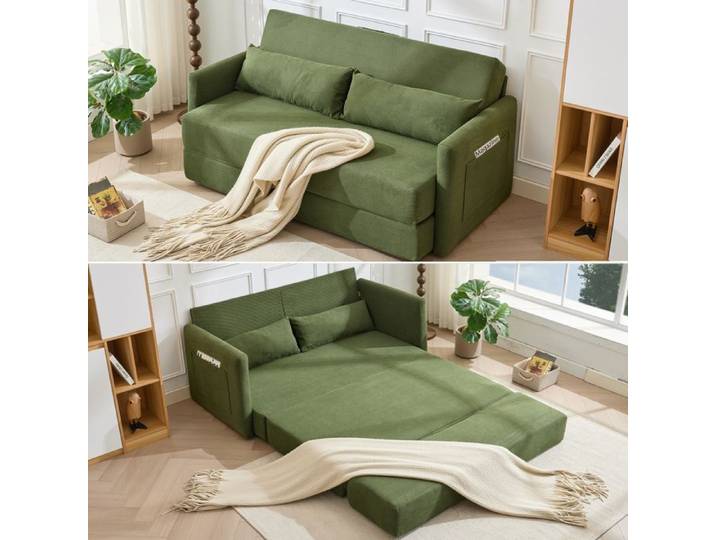 Grand Canapé Compressé 2 Pl en Velours Côtelé Vert Sans Montage - Canapé-lit avec Coussins et Poches - Matelas Pliant et Modulaire