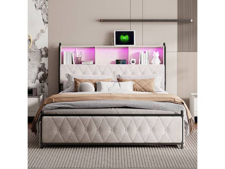 Lit Adulte Rembourré 140x200cm - YLSZHYR - Cadre de lit double 140x200 - Prises USB - Ports Type-C