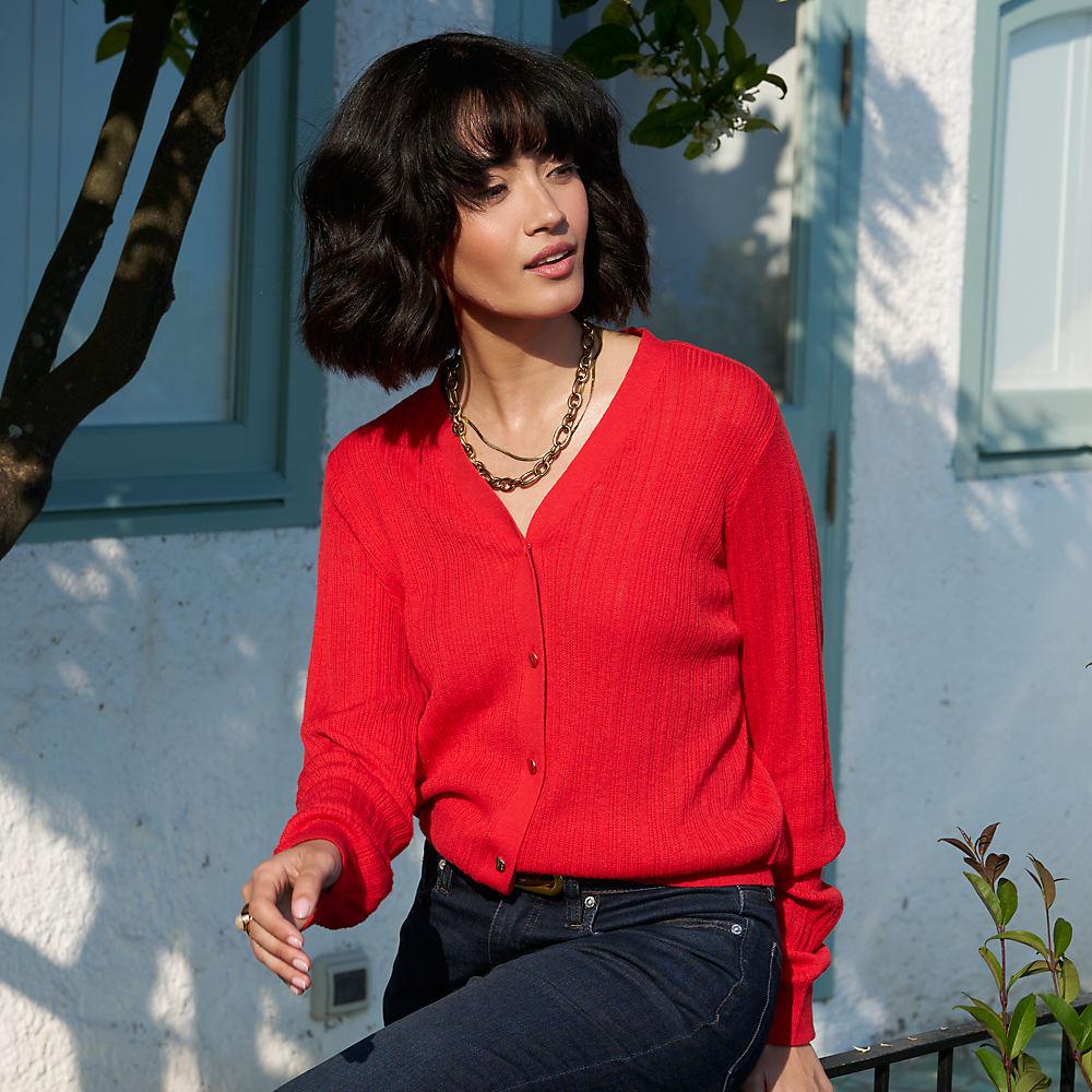 Rippstrick-Cardigan mit Seide in Petite-Größe, Damen, size: petite, Rot, Baumwolle/Seide/Nylon, by Lands' End