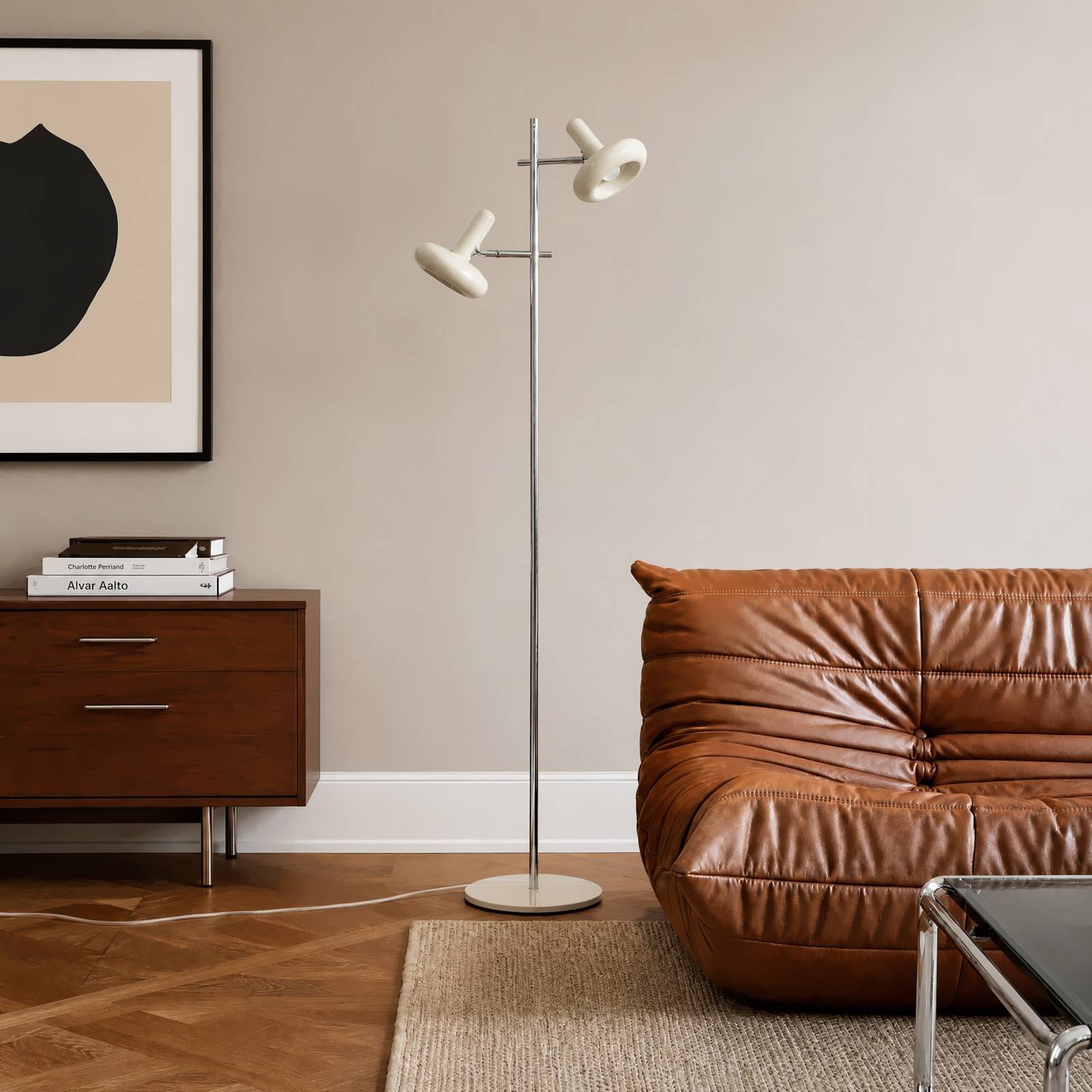 Stehlampe Dylan Lindby, creme / amber, für Wohn- / Esszimmer, Metall, Vintage, Stehlampe