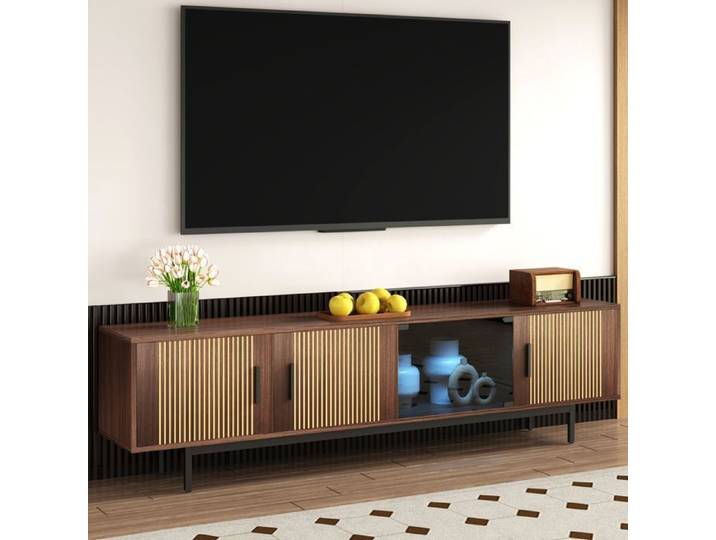 Meuble TV LED - Becag - Armoire TV bas avec 4 portes - Style contemporain - 200x35x53cm