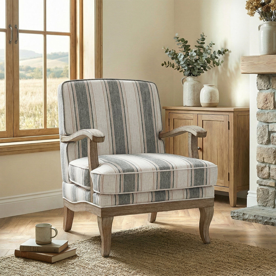 August Grove Peppone Country Wooden Upholstered Armchair with Solid Wood Armrests Dark Grey 88.9cm H X 71cm W X 80cm D