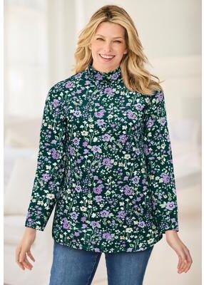 Plus Size Women's Mockneck Long-Sleeve Tunic by Woman Within in Emerald Green Field Floral (Size 1X)