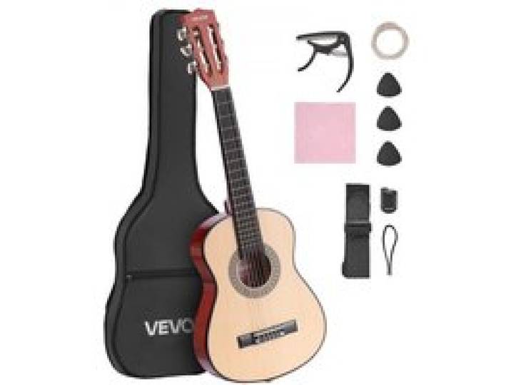 VEVOR Konzertgitarre, 780 mm, Klassikgitarren-Starter-Set für Anfänger, mit Nylonsaiten, Gigbag, Gurt, Stimmgerät, zusätzlichen Saiten, Plektren, Kapodaster, Linde, für Einsteiger, Natur