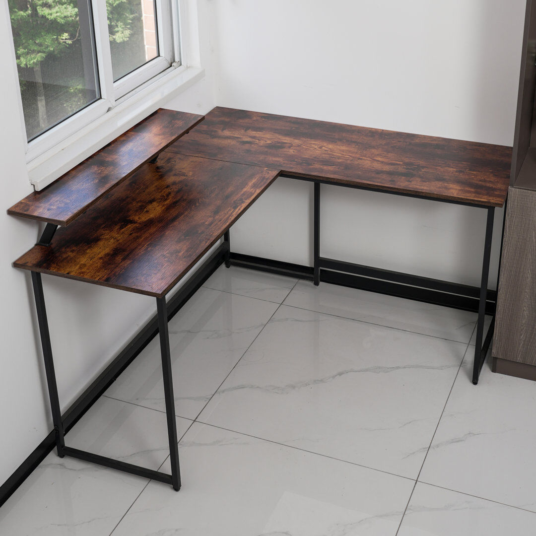 Inbox Zero Cadmore L-Shaped Steel Computer Desk Brown