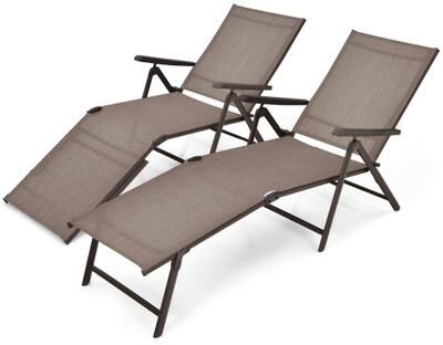 Costway 2 Pieces Foldable Chaise Lounge Chair with 2-Position Footrest-Brown