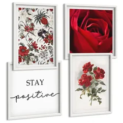 BILDER SET 4er Set - 50x50 cm & 40x60 cm Weißer Rahmen - Inschrift mit roten Rosen