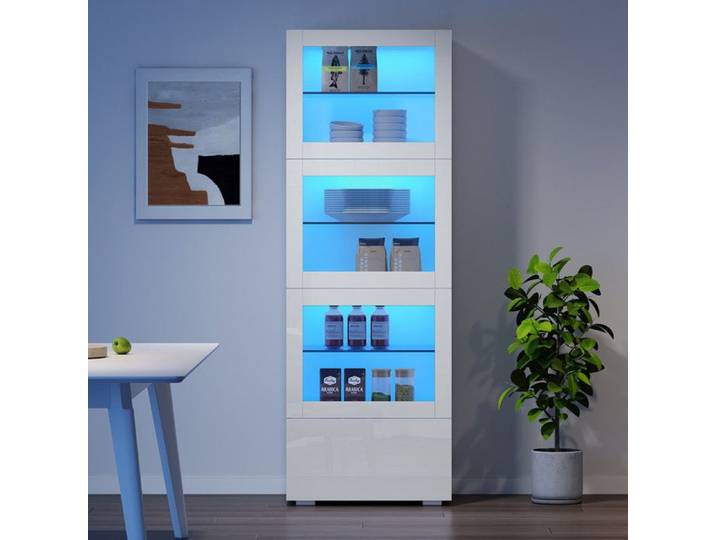 Armoire haute 60x40x173cm armoire de rangement à haute brillance avec éclairage LED 3 étages en verre armoire de rangement blanc