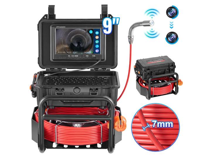 VEVOR Caméra pour canalisations\, 50 m\, caméra pour canalisations à nivellement automatique avec émetteur 512 Hz\, compteur de distance\, écran 9 pouces\, caméra d'inspection de canalisations HD 1080P