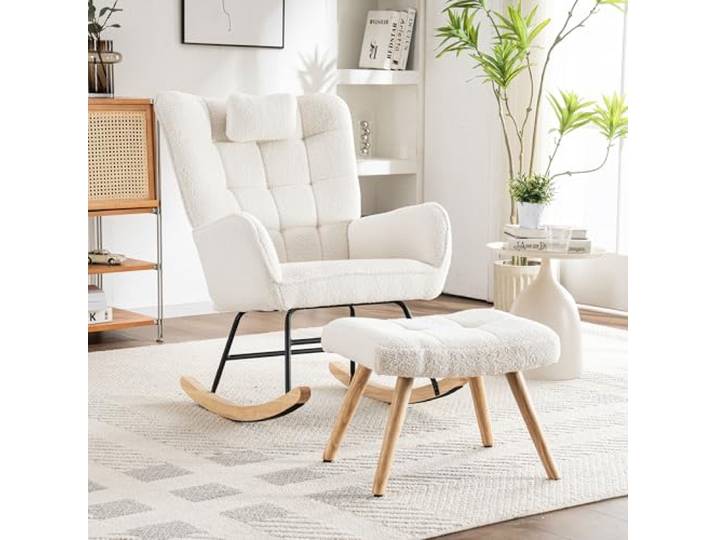 Merax Schaukelstuhl mit Hocker, Sessel Relaxsessel Schaukelsessel mit Flügelrückenlehne & Kopfstütze, Gepolsterter Wohnzimmersessel Schwingsessel, für Schlafzimmer Balkon, Metallgestell, Bouclé, Weiß