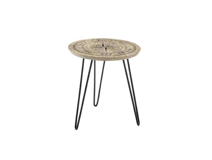 möbelando Beistelltisch >Nevis< 46x51x46 cm runde Mangoholzplatte mit Kompass Motiv lackiert schwarzes Metallgestell stabil modern kompakt vielseitig für Wohnzimmer und mehr