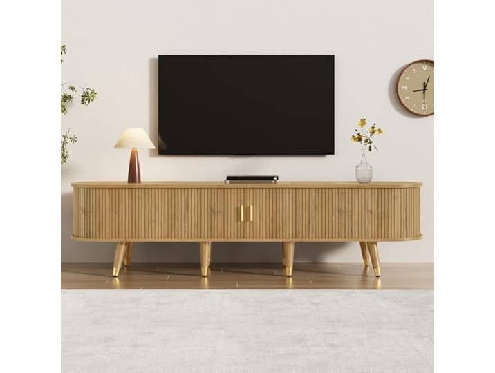 Merax TV-Lowboard mit Schiebetüren, TV-Schrank in Holzoptik, TV-Möbel & Fernsehschrank mit Stauraum – TV-Unterschrank mit offenen Regalen, für Wohnzimmer Wood 175x38x45cm