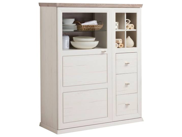 Hom`in Vitrine, Grau, Weiß, 3 Fächer, 3 Schublade(n) Schubladen, 110x134.2x42.5 cm, Wohnzimmer, Wohnwände, Vitrinenschränke
