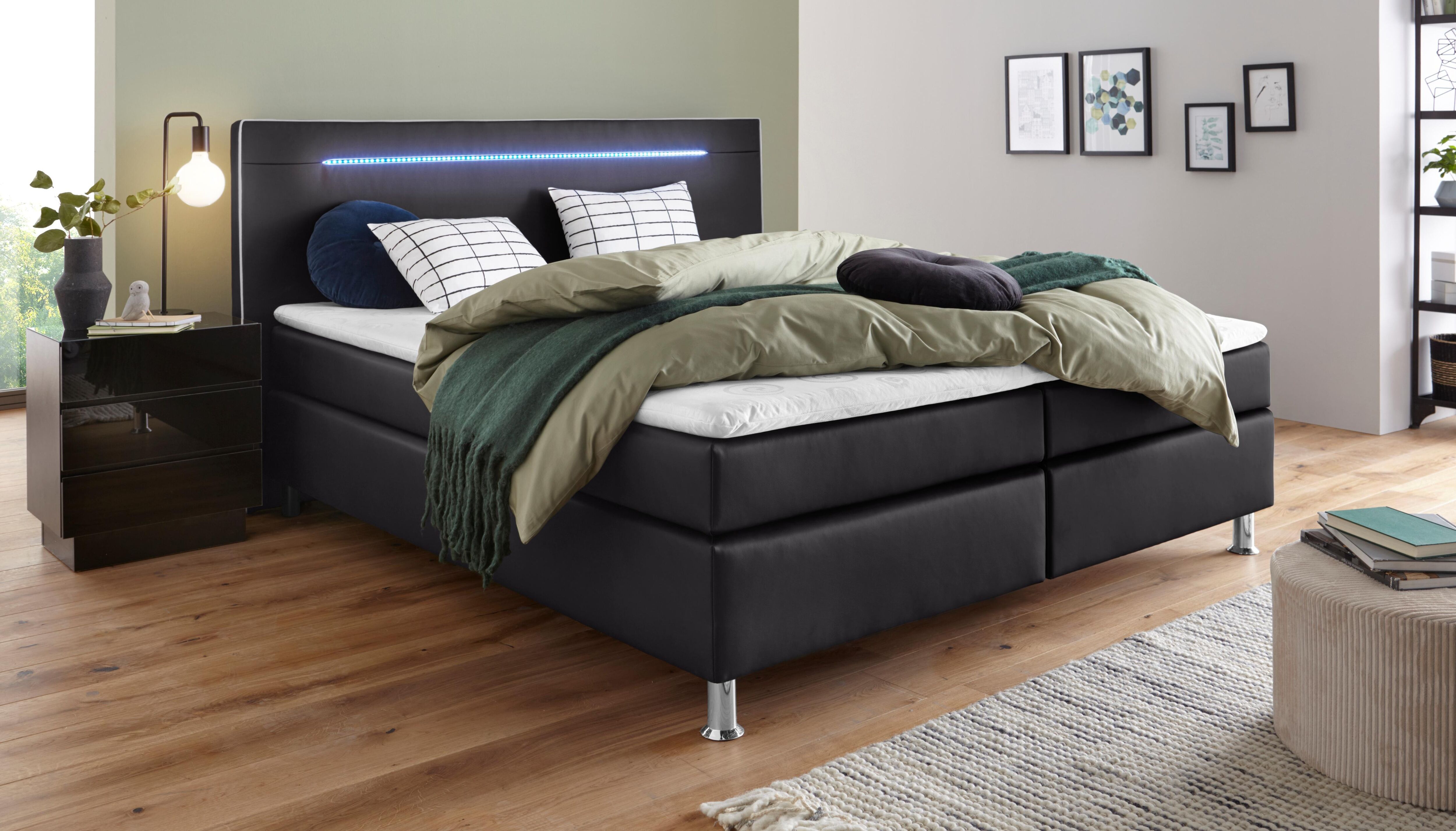 COLLECTION AB "LONDON inkl. Bonnell-Federkernmatratze H2" mit Topper, Kissen & LED, 90/140/180 cm x 200 cm schwarz, weiß Kunstleder Holzwerkstoff LED-Beleuchtung, Liegefläche B/L: 180cm x 200cm, H2 + H2, Bonnell-Federkernmatratze