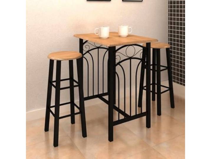 Tisch und Barhocker, 3 Stück, Holz und Stahl Kompaktes Set, 2 Hocker, langlebiges Holz, Rahmen aus Stahl, Aufbewahrung unter dem Tisch, Küche, Esszimmer