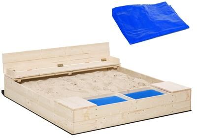 Kodotan sofa Kids Wooden Sandbox w/ Two Plastic Boxes Foldable Bench Seat Waterproof Cover Bottom Liner Storage Space