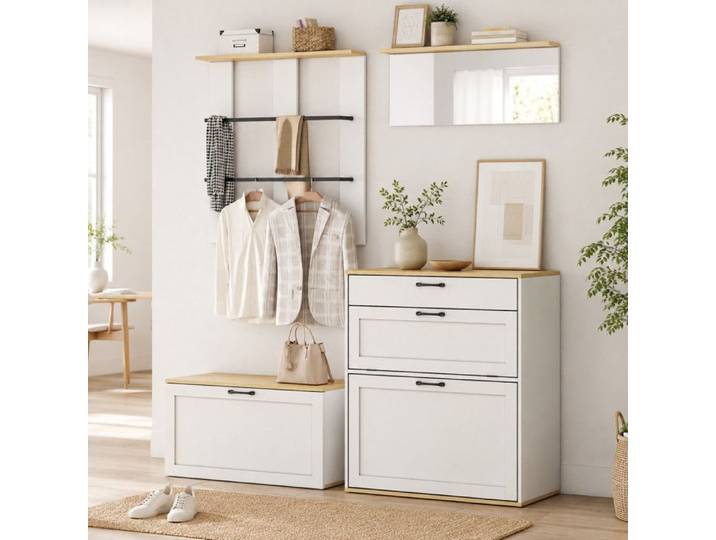 Meuble entrée Bois blanc 156x36x176cm MDF Avec commode miroir meuble à chaussures banc et patères