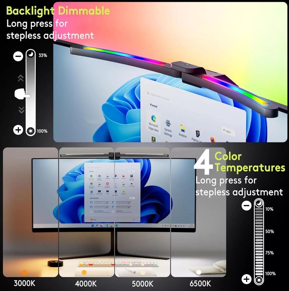 INF Augenschutz-Bildschirmlampe Schwarz 60CM für Gebogene Monitore 27~32 inch - Klemme, USB, Touch-Steuerung, Farbtemperatur &