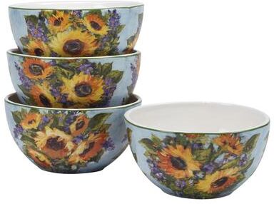 Certified International Sunflower Bouquet 28 oz. Ice Cream/Dessert Bowls, Set of 4 Assorted Designs - 28 Oz.