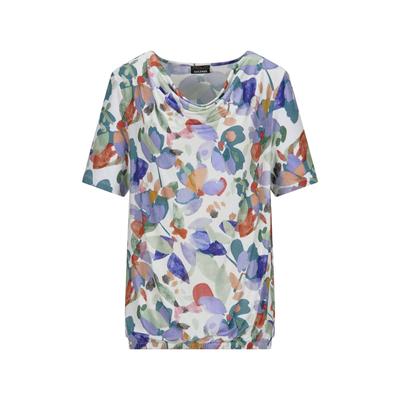 Kurzarmshirt GOLDNER "Kurzgröße Cityshirt mit floralem Print", Damen, Gr. 23, bunt (bunt, gemustert), Obermaterial: 95% Viskose CV. 5% Elasthan EL., gerade, Shirts, stretchbequemer Viskosejersey