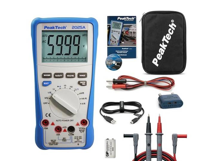 PeakTech 2025 A - True RMS digitale multimeter, 6.000 counts, geïntegreerde data-interface met software, meter voor weerstand, capaciteit, diode, continuïteit, 1000V - 10A AC/DC - CAT III
