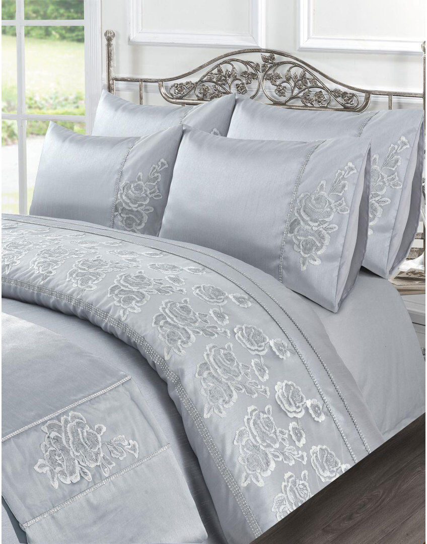 Rosdorf Park Amara Embroidered Duvet Cover Set With Pillowcases Bedding Set Silver Super King Duvet Cover +2 Standard Pillowcases