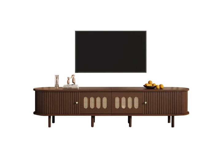 Meuble TV ovale de 180x40x40cm en noyer foncé design en rotin dispose 2 tiroirs et D'un de porte à 1roulant.planches basses