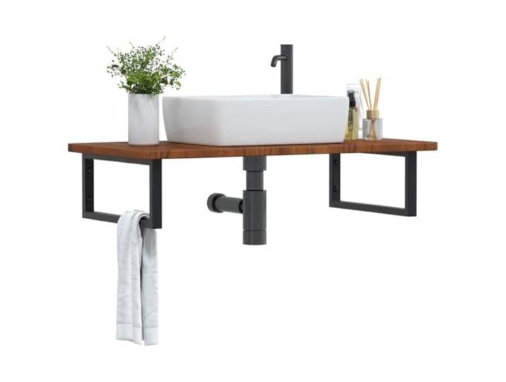 KTHLBRH Waschtischplatte mit Stahlhalterung Massivholz Eiche Schweberegal Massivholz Eiche, Stahlhalterung, nicht vorgebohrt, flexible Waschbeckenposition, Handtuchaufhängung, moderne Optik