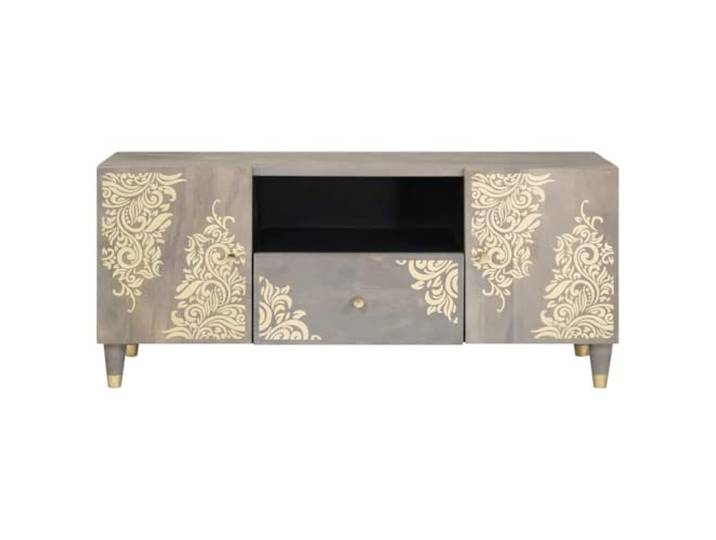KTHLBRH TV-Schrank Grau 105 x 33 x 46 cm Mangoholz massiv Gold-gedrucktes Design, 2 Schiebetüren, Messinggriffe, Schublade und Einlegeboden