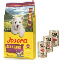 JOSERA Mini Junior Ente & Lachs 10kg + Wild Farm Pate MIX 3x400g