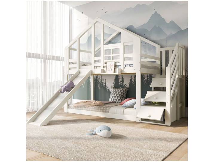Lit Superposé Enfant Cabane 90x200 cm EVRYAE - avec Toboggan et Rangement sans Matelas - Blanc