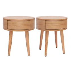 Runde Nachttische aus hellem Holz mit Schublade (2er-Set) JUDITH