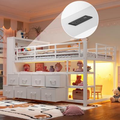 toswini Twin Low Metal Loft Bed with Drawers Shelves Clothing Rod USB Port and LED Lights