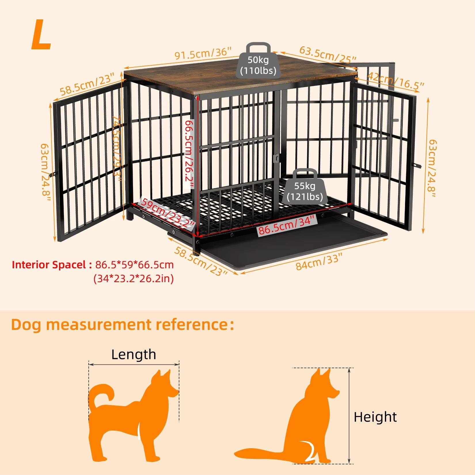 Hundekäfig - Großer Hundekäfig - Möbelstil - Erhöhtes Design - 3 Türen - Herausnehmbare Bodenwanne - Metall/MDF - Schwarz, Größe L