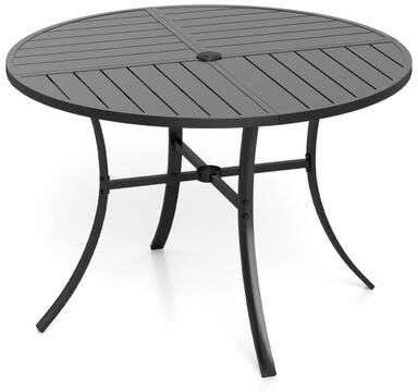 Costway Round Patio Dining Table 42.5 Inch Metal Slat Table with Umbrella Hole-Black