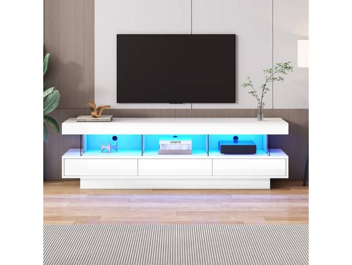 Meuble TV haute brillance avec 3 compartiments en verre - éclairage LED -Contrôle App -connecté Bluetooth-160x38x50.5cm -blanc