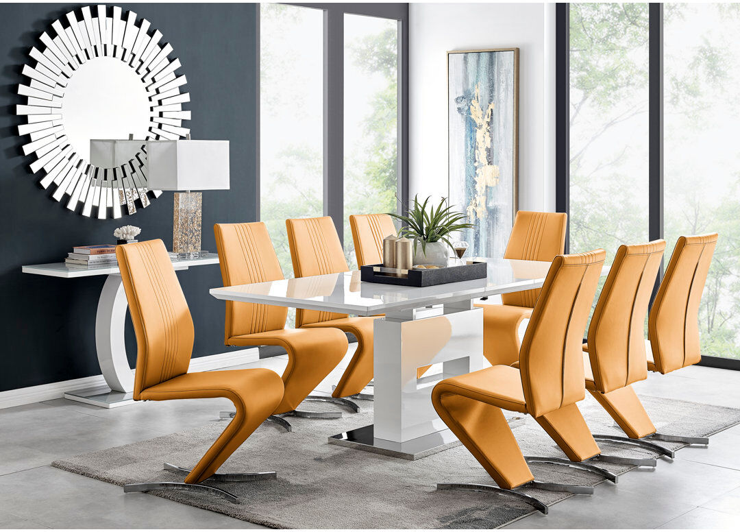 Canora Grey Alezzo Modern High Gloss Extendable Dining Table Set with 8 Modern Design Faux Leather Dining Chairs Mustard 8