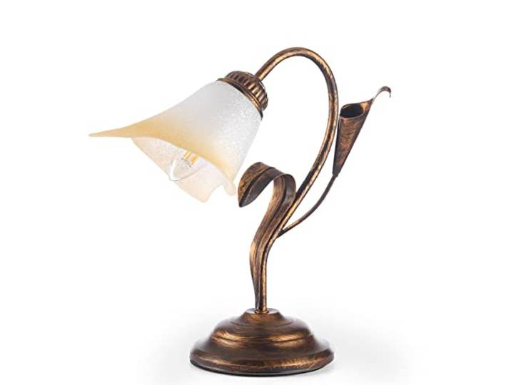 ONLI - Lampe à chevet en métal marron avec nuances dorées. Verre blanc nuancé ambre