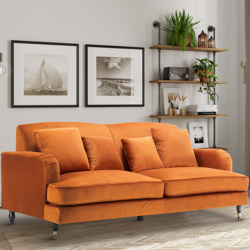 Rosdorf Park Penermon Roll Arms Sofa Orange Velvet 3