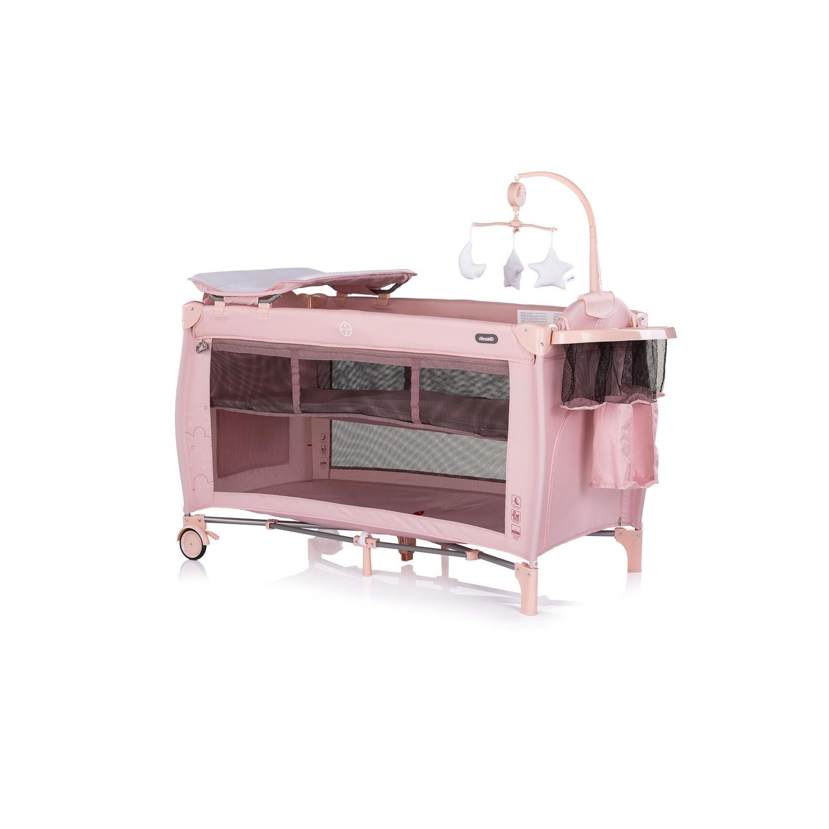 Chipolino Reisebett Bella 2 Ebenen seitlicher Eingang Musikmobile Wickelauflage rosa Baby