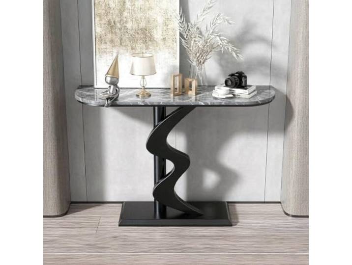 Moderner Konsolentisch,Schmaler Flurtisch mit Steinplatte und Metallgestell Hochwertige Steinplatte, Kratzfest, Stabiler Metallrahmen, Platzsparend, Modernes Design(Black+gray2,100cm)
