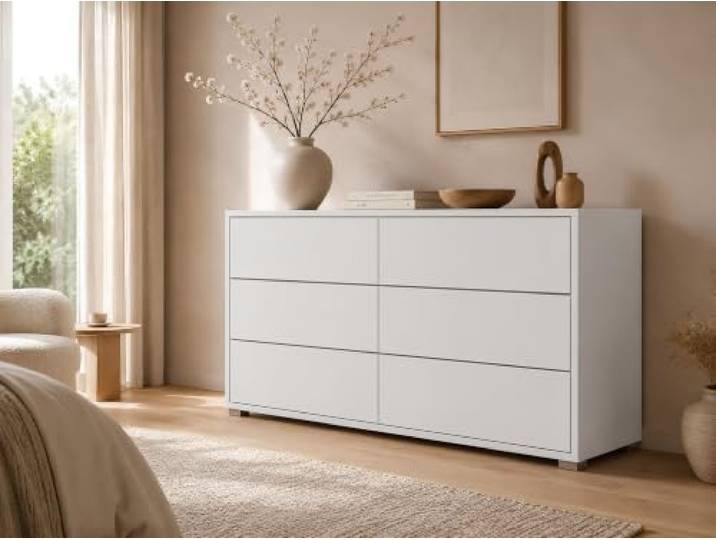 Elvora DESIGN. Kommode Weiß ORSINA, Schrank 6 Schubladen Modern, Minimalistisch, Skandinavisch, Push-to-Open, Inbusschlüsselsatz, Wohnzimmer, Schlafzimmer, Flur, Stabile Konstruktion