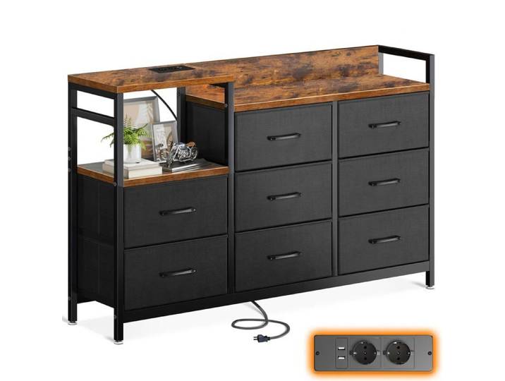 Commode Chambre 2 Pts USB et 2 Pts AC 8 Vintage Tissu Tiroirs Vintage et Noir Vintage et Noir PETIT MEUBLE DE RANGEMENT