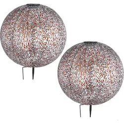 Windlicht Solar Garten Solarleuchte LED Steckleuchte IP44, Erdspitz, Metall Muster antik goldfarben silbergrau, 1x LED 3000K, DxH 27x38 cm, 2er Set