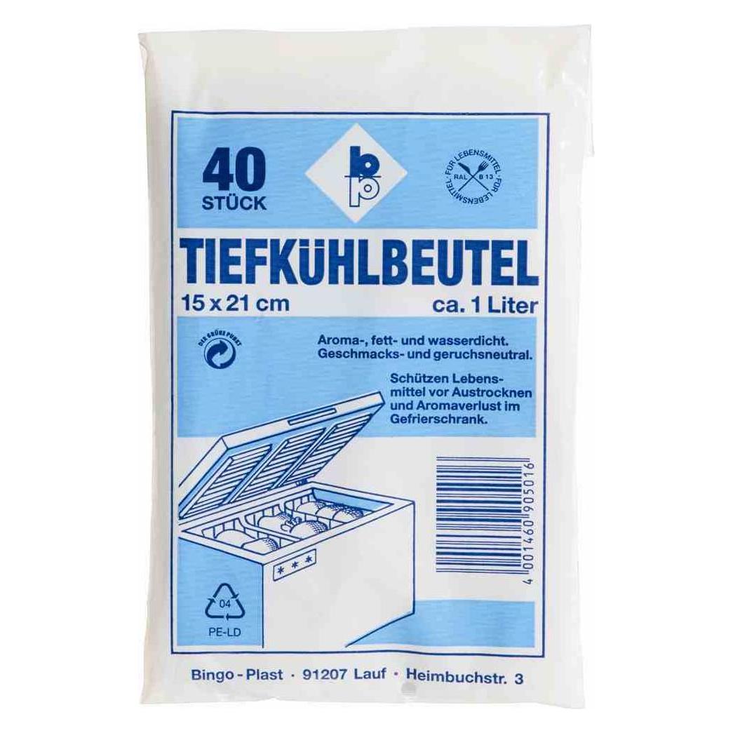 Bingo Plast Tiefkuehlbeutel (Fuer Kuehlschrank und Gefriertruhe * L x B: 15 x 21 cm, 1 Liter, 40 S (40x) (32439237)