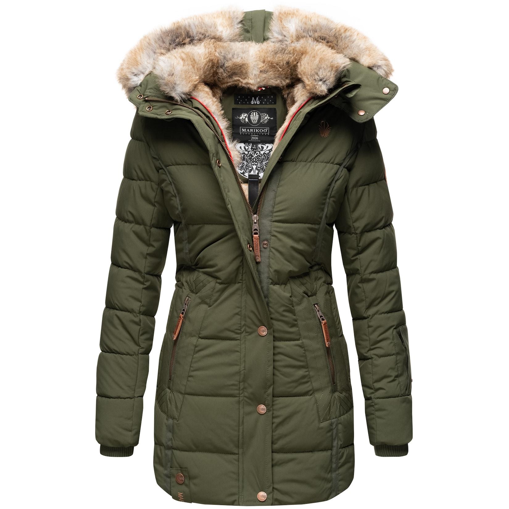 MARIKOO Damen stylischer Wintermantel Steppmantel mit Kunstpelz-Kapuze Lieblings Jacke