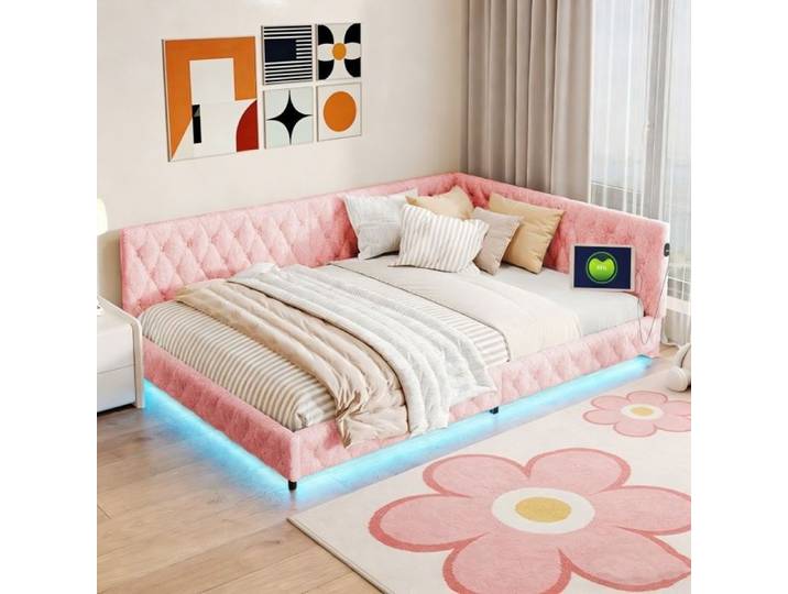 Canapé lit - KILISKY - 140x200 cm - Tissu polaire Teddy - LED intégrée - Charge USB