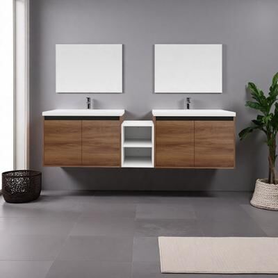 ZWYO HOSIMU 71.06 in Engineered Wood Floating Vanity with Resin Sink, 4 Soft-Close Doors & Storage Shelf