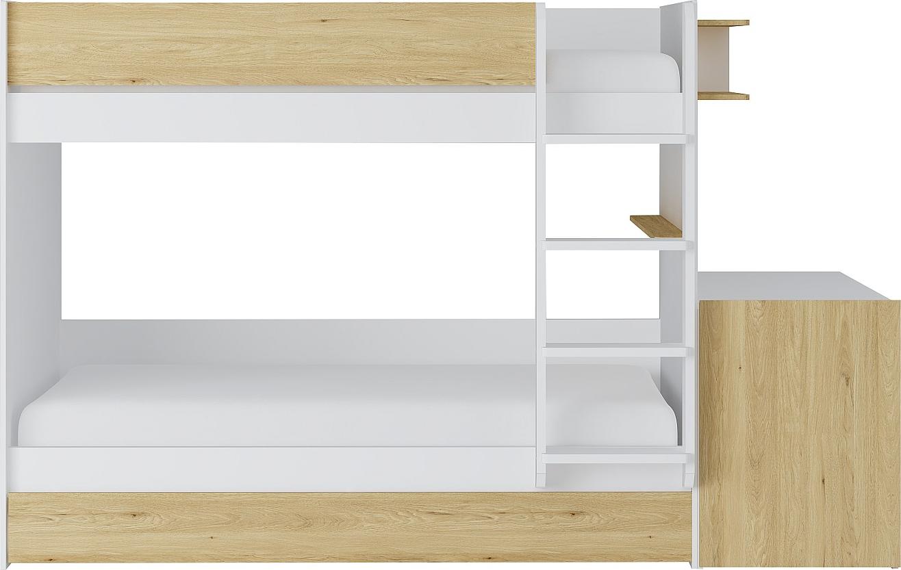 Etagenbett mit zusätzlichem Ausziehbett & 2 Schreibtischen - 3 x 90 x 190 cm - Weiß & Holzfarben - DOMATI